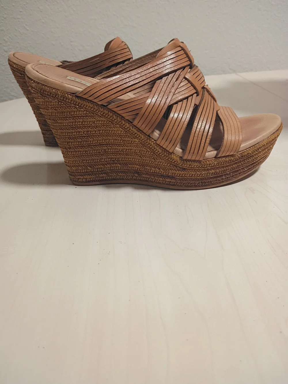 UGG Tan Woven Leather Wedge Sandals Size 8